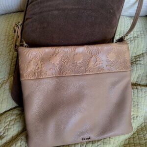 Genuine pebble leather purse, embossed top, tan, crossbody, great condition